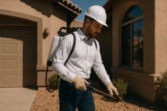 A man in a hard hat and gloves uses a backpack sprayer, preparing to spray pesticide near a home with a rock garden.