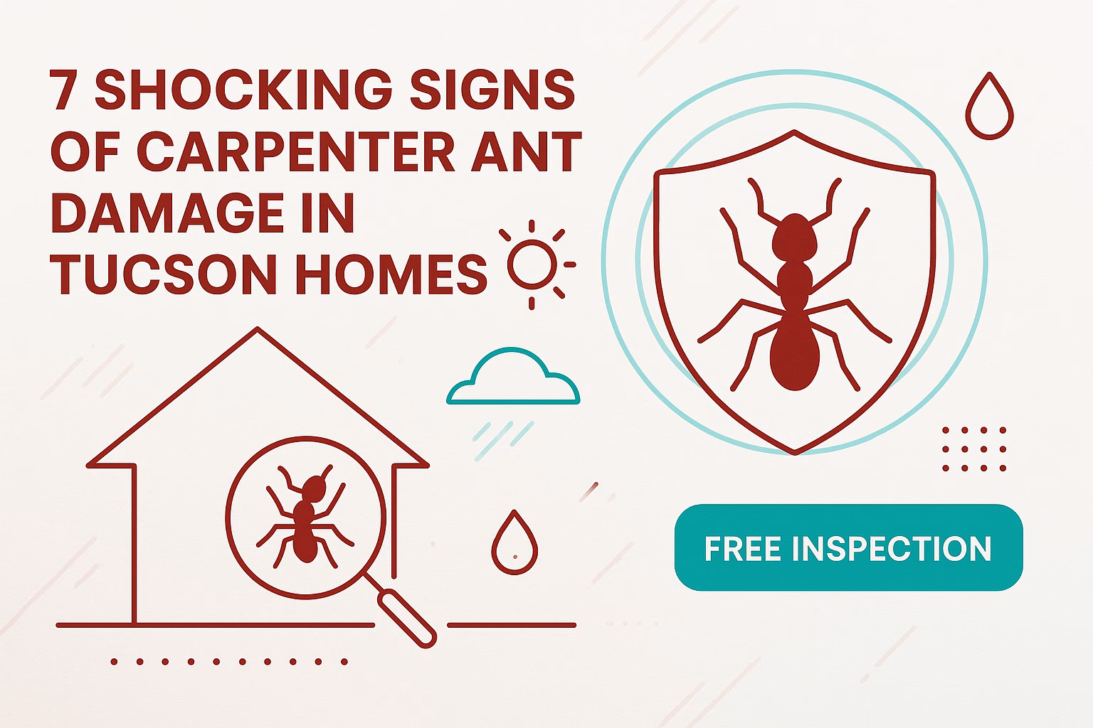 7 signs of carpenter ant damage in Tucson homes; includes a free inspection offer and ant graphic with house.
