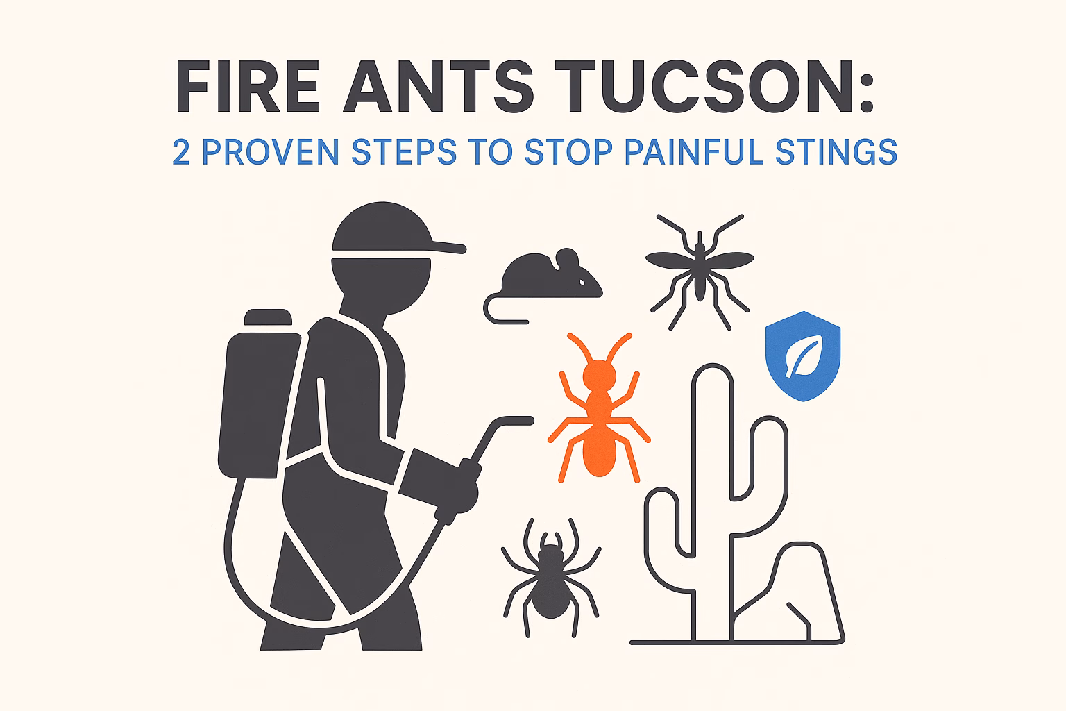 Fire ants Tucson: graphic showing steps to prevent painful stings with a pest control worker, ants, and a cactus.
