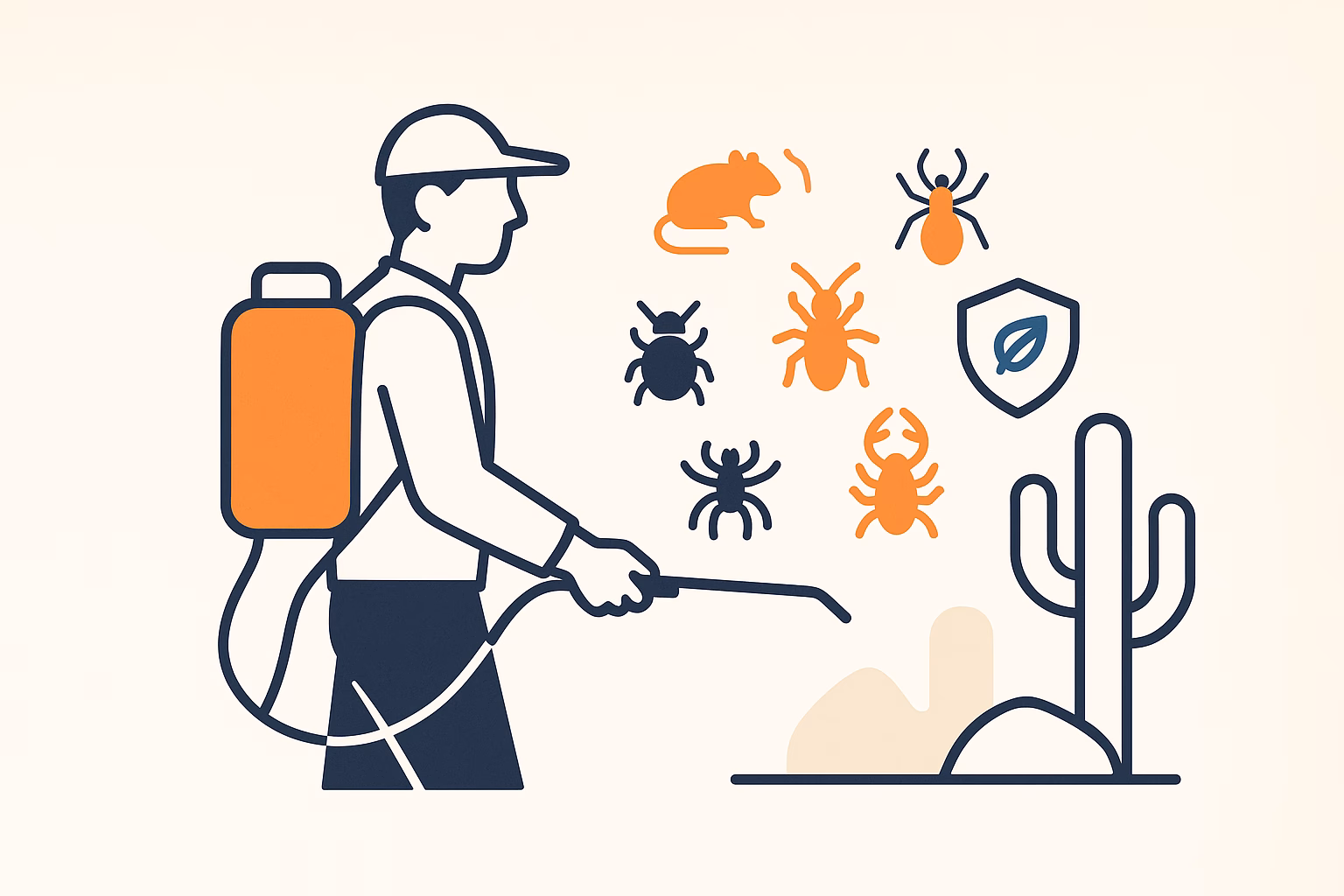 Pest control worker spraying pesticide among scorpions and other pests, focusing on landscaping for scorpions.