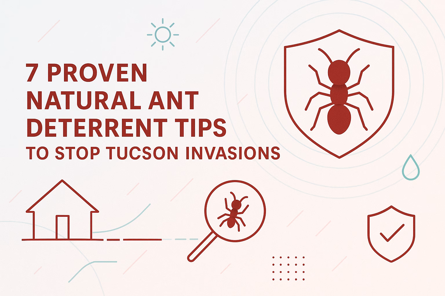 7 Proven natural ant deterrent tips to prevent ant invasions in Tucson, featuring icons of a house, magnifying glass, and ant.