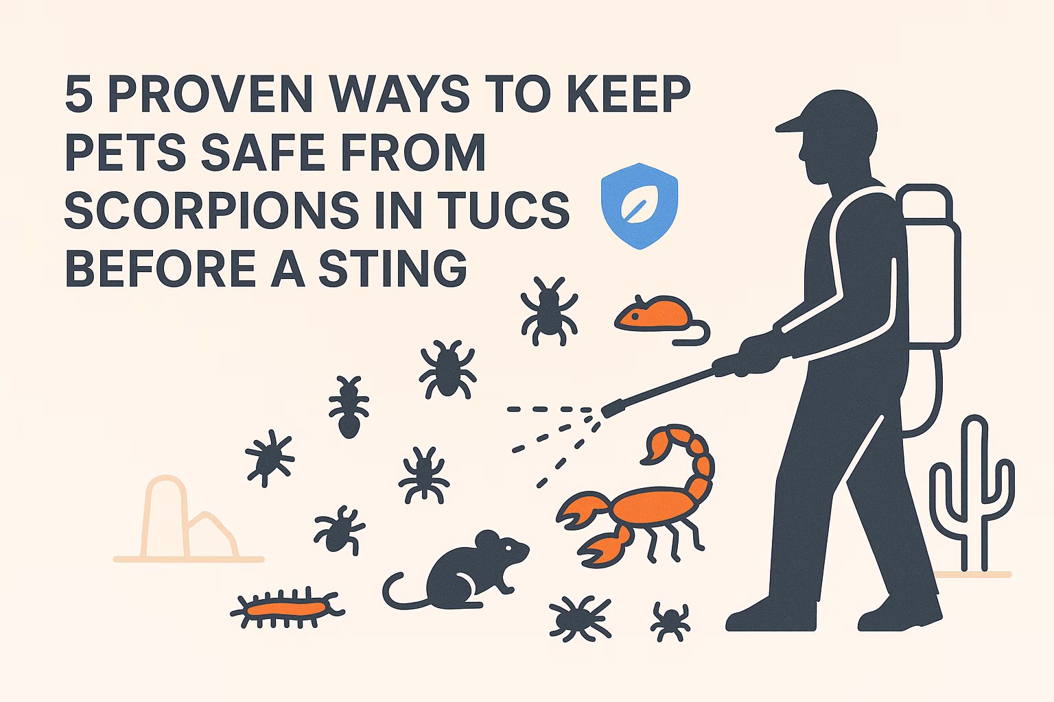 5 proven ways to keep pets safe from scorpions, featuring a person spraying pest control in a desert scene.