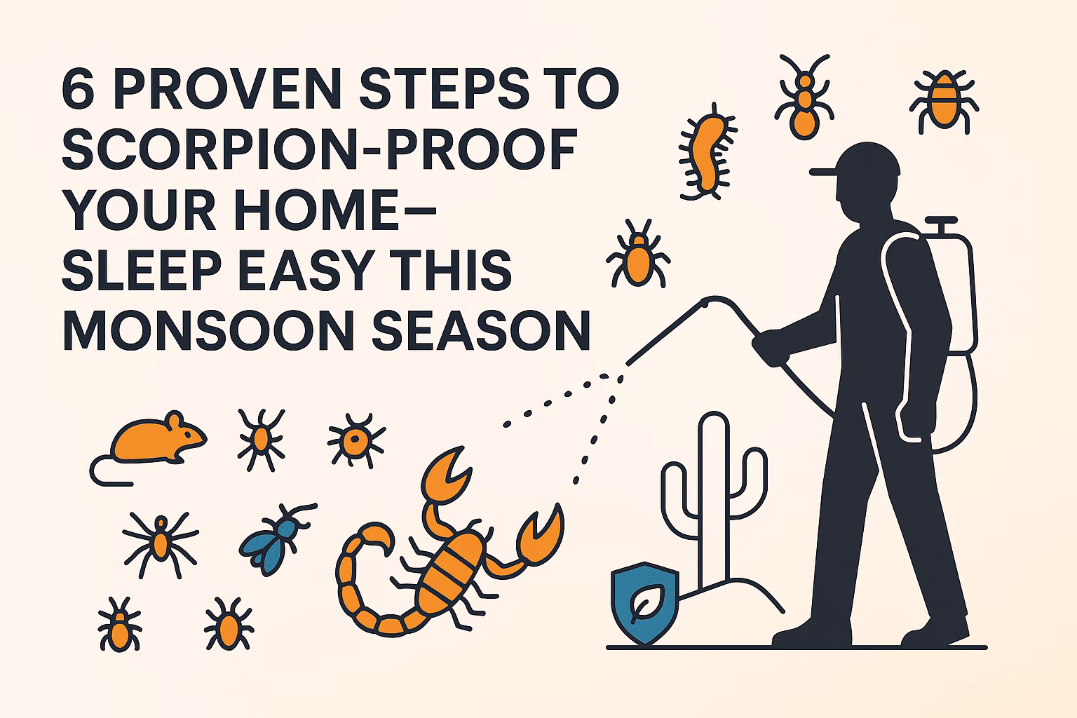 6 proven steps to scorpion-proof your home, with a figure spraying a pesticide among various pests and a cactus.