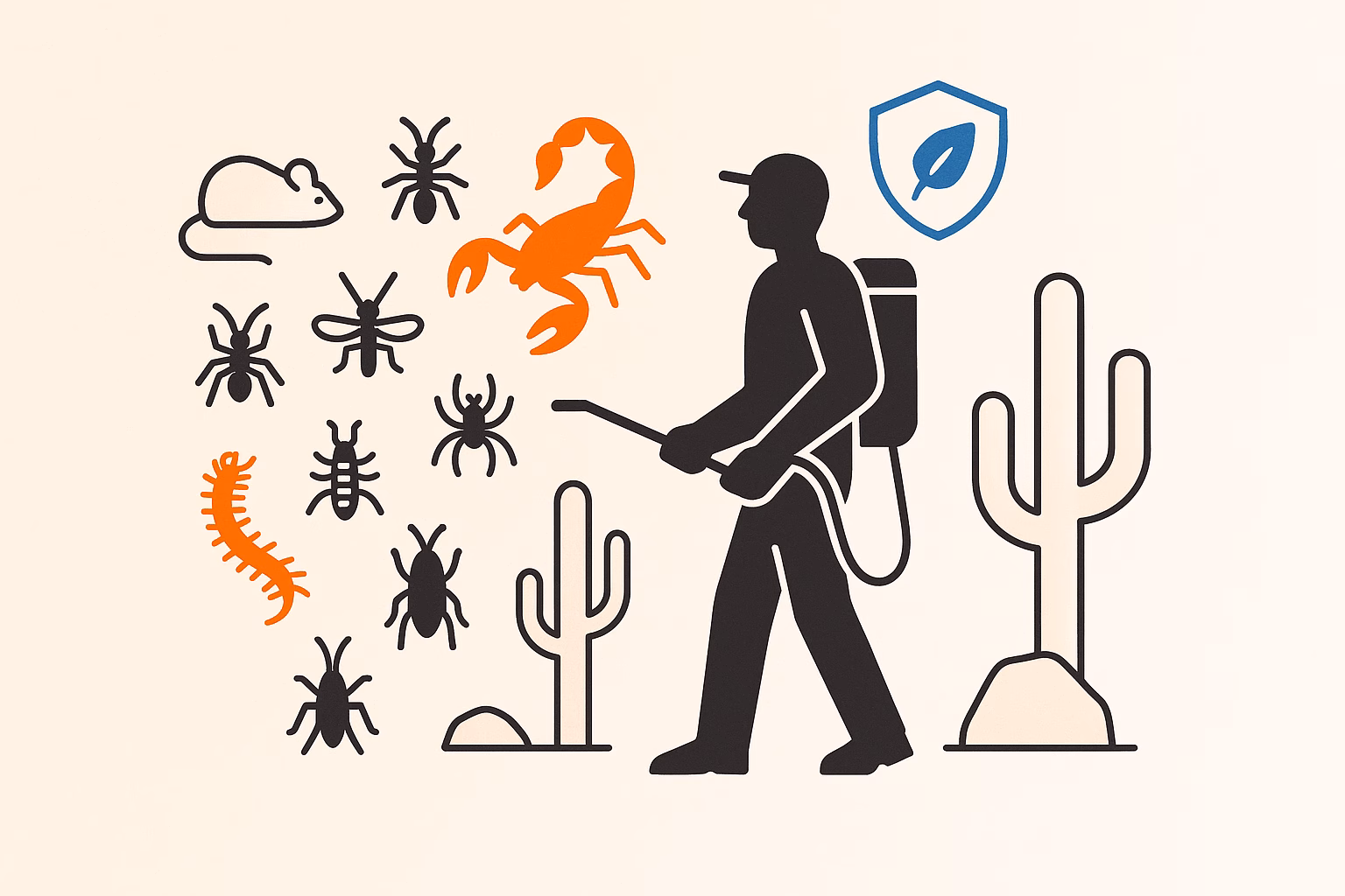 Person applying pest control near icons of insects and a scorpion, highlighting scorpion sting treatment measures.