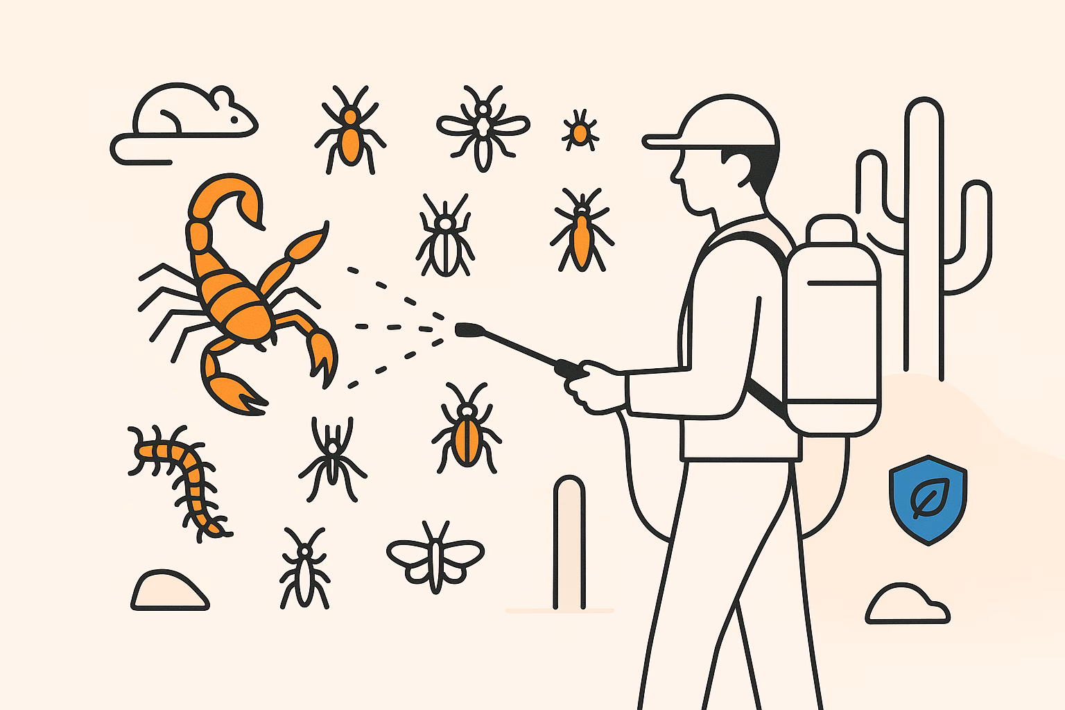 A person sprays insects, including scorpions after rain, amidst various pests and desert scenery.