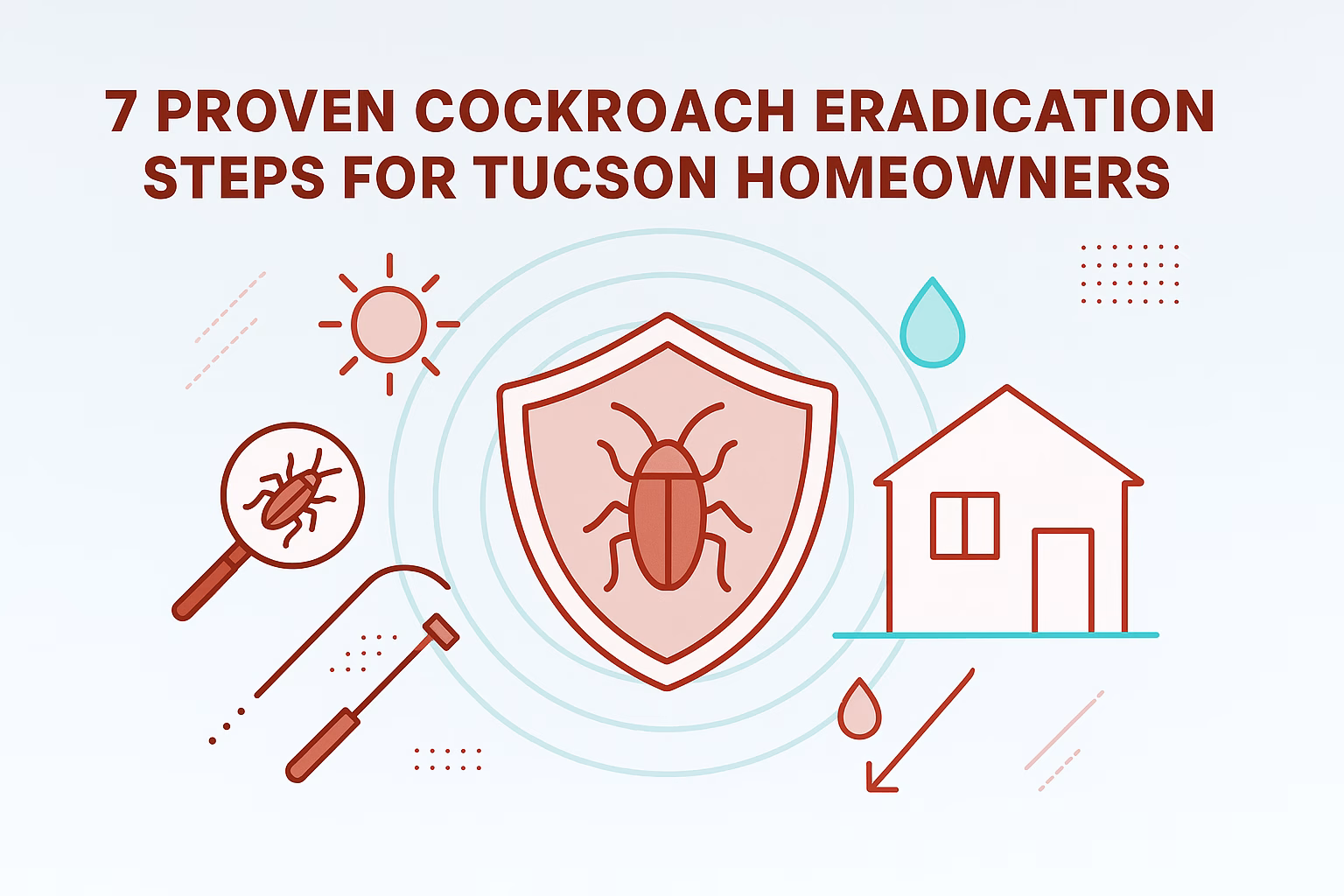7 proven steps for Tucson homeowners on effective cockroach eradication. Icons of a bug, house, and tools illustrate the guide.
