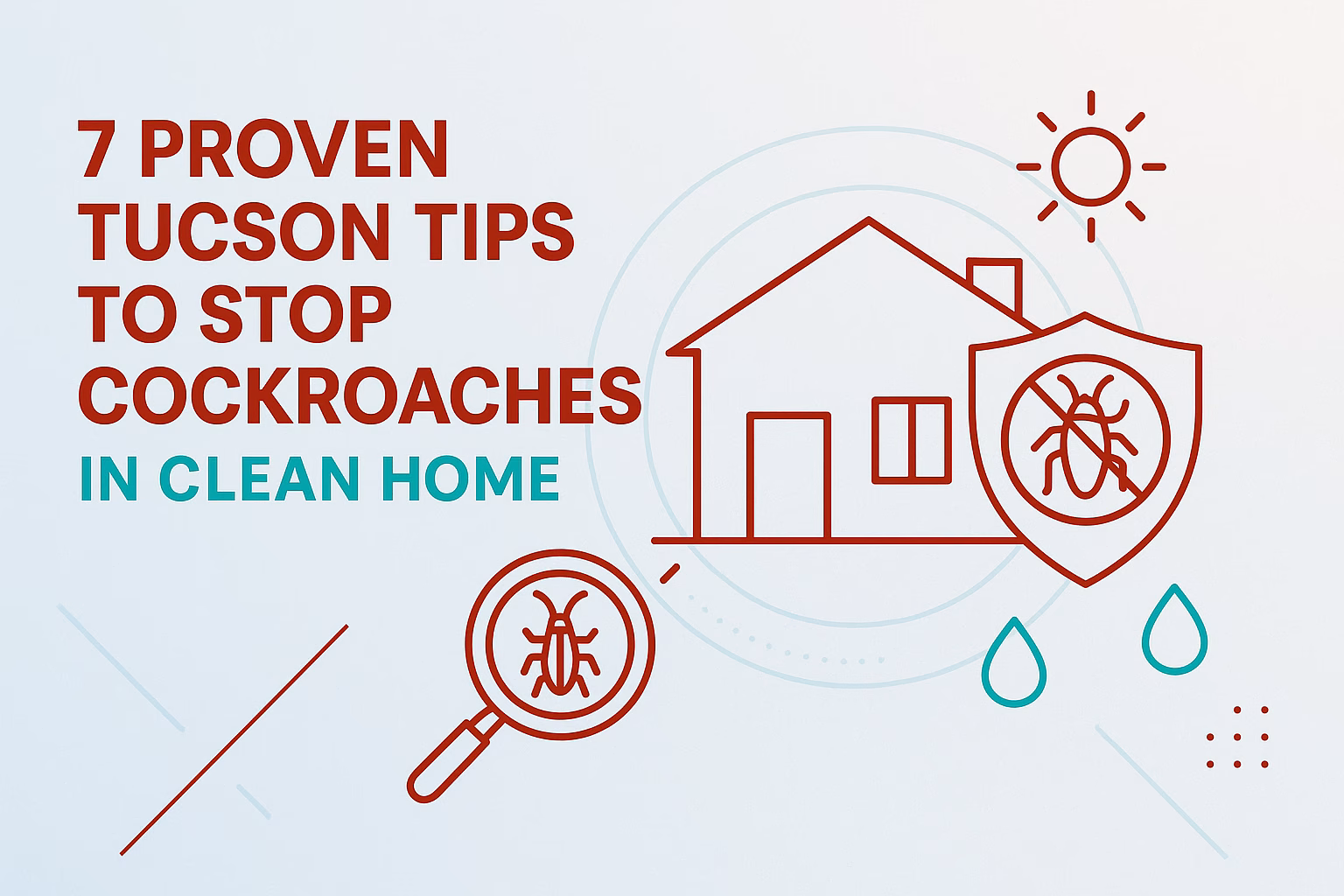 7 tips for preventing cockroaches in clean home, featuring a house, magnifying glass, and shield against pests.