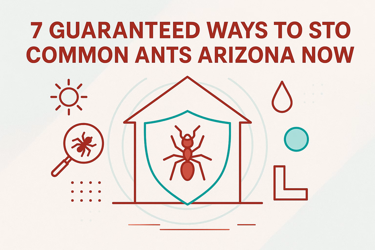 7 guaranteed ways to stop common ants Arizona, illustrated with an ant, magnifying glass, house, and weather icons.