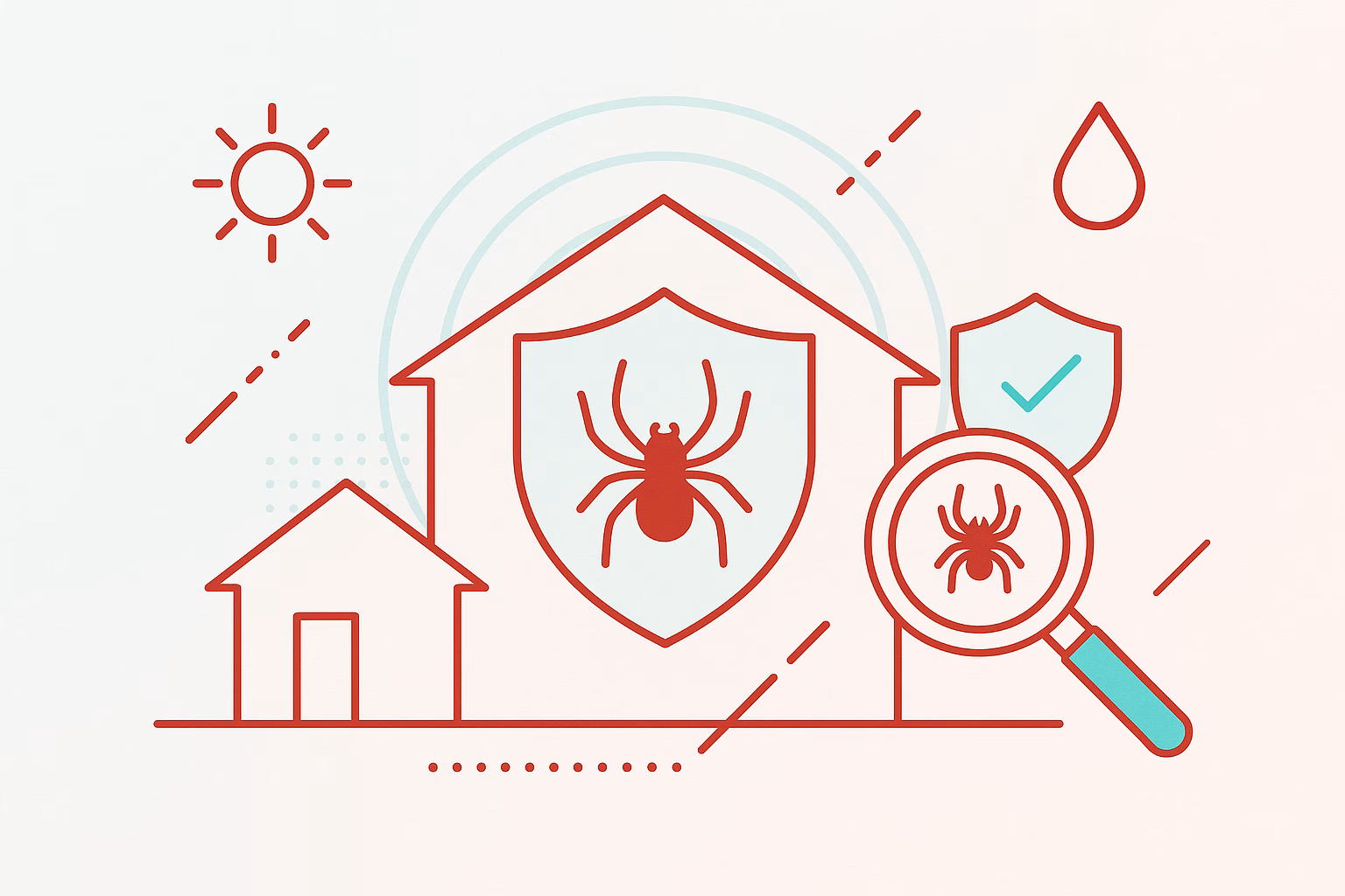 Visual representation of common spiders Tucson with a house shielded against them, plus a magnifying glass.