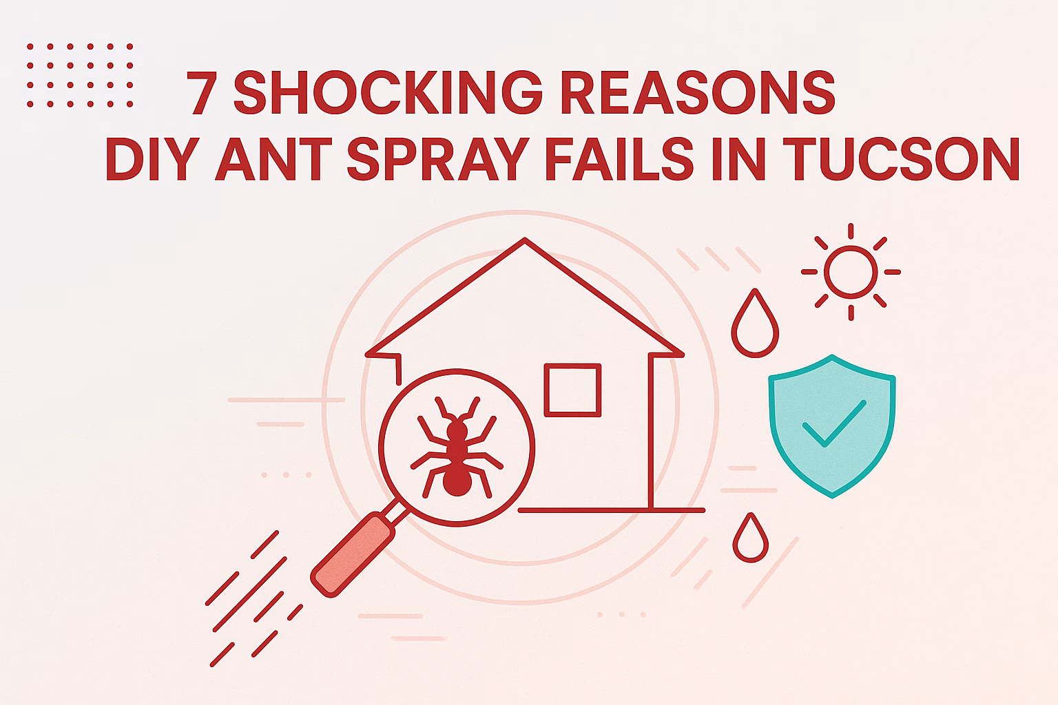 7 reasons DIY ant spray fails in Tucson, featuring a house, magnifying glass with an ant, water droplets, and sun icon.