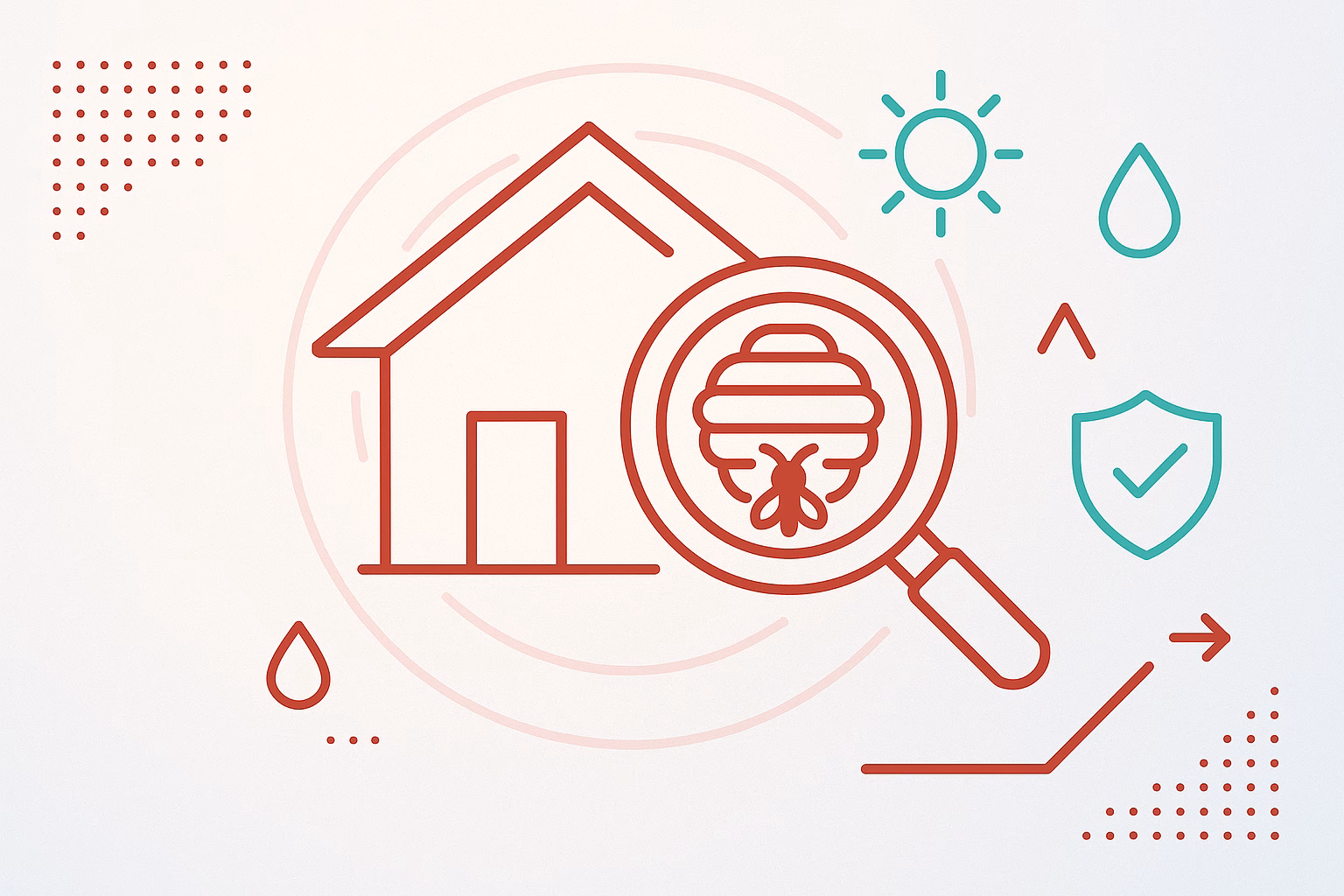 House with a magnifying glass focusing on a wasp nest, illustrating DIY wasp nest removal concepts.