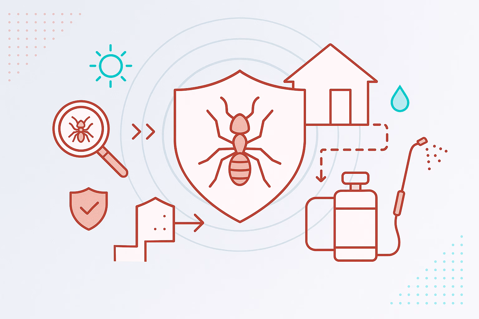 Diagram illustrating steps to eliminate ant queen, featuring a magnifying glass, shield, and pest control equipment.