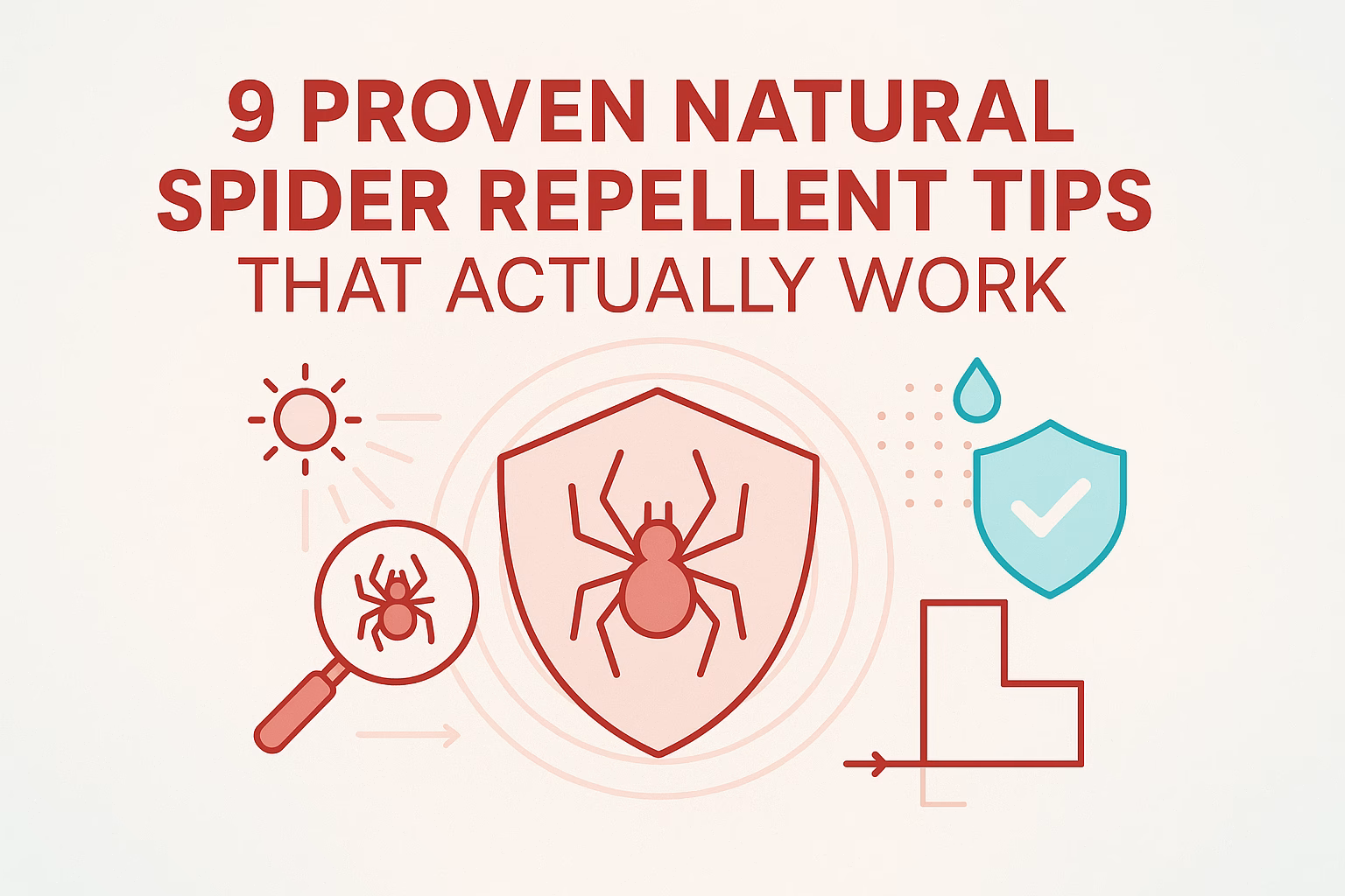 9 proven natural spider repellent tips, featuring icons like a spider, shield, and sun.