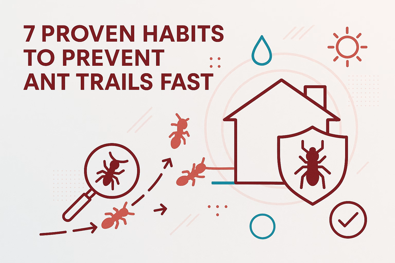 7 proven habits to prevent ant trails, featuring a shielded house, ant icons, and magnifying glass illustrations.