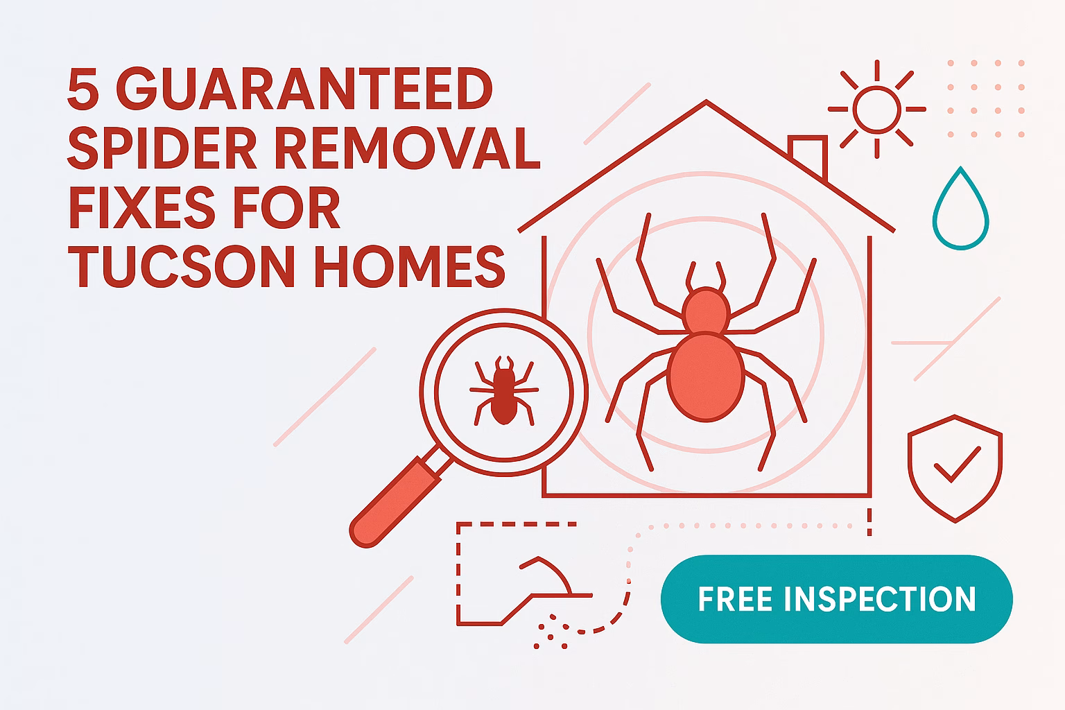 5 guaranteed spider removal fixes for Tucson homes with a magnifying glass and spider illustration, plus free inspection offer.