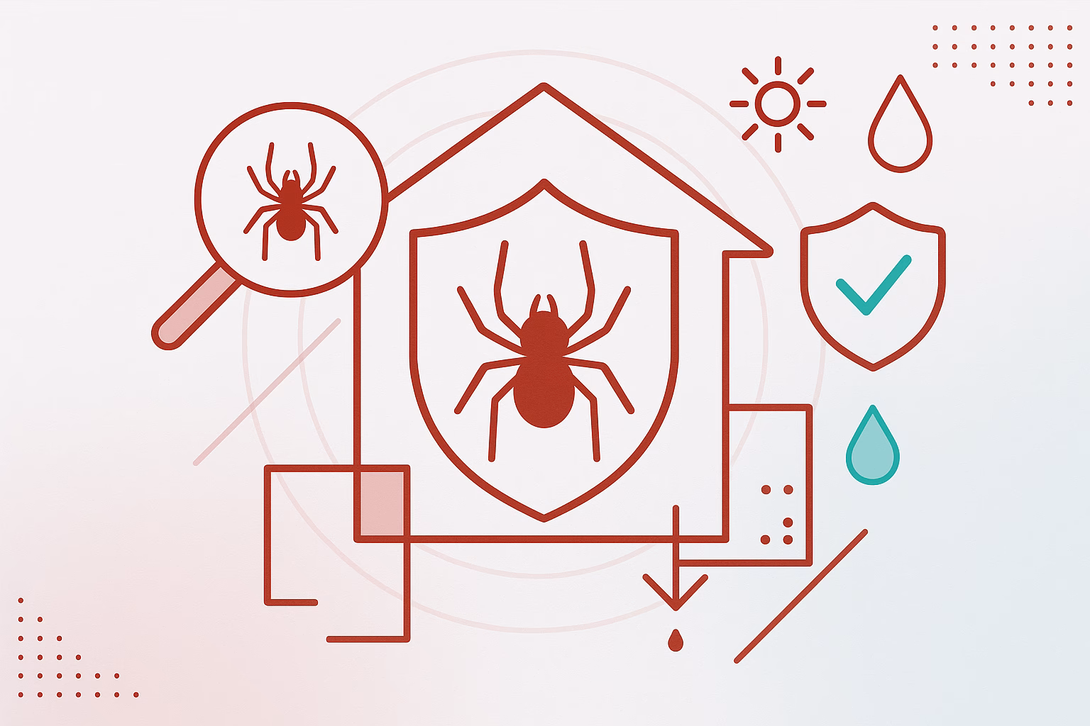 Graphic illustrating spiders in garage protection with shields, a magnifying glass, and icons for moisture and sunlight.