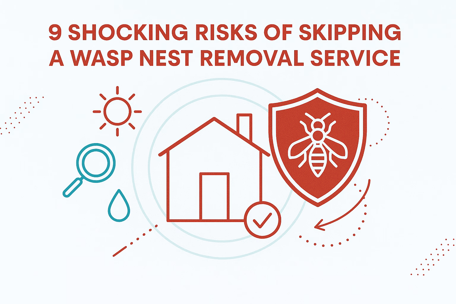 9 shocking risks of skipping a wasp nest removal service highlighted with icons of a house, bee, and magnifying glass.