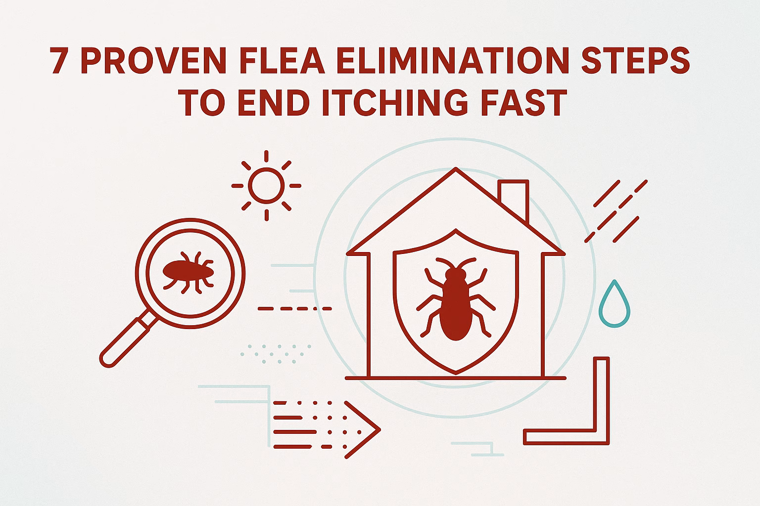7 proven flea elimination steps to end itching fast, with illustrations of a flea, sun, and home.