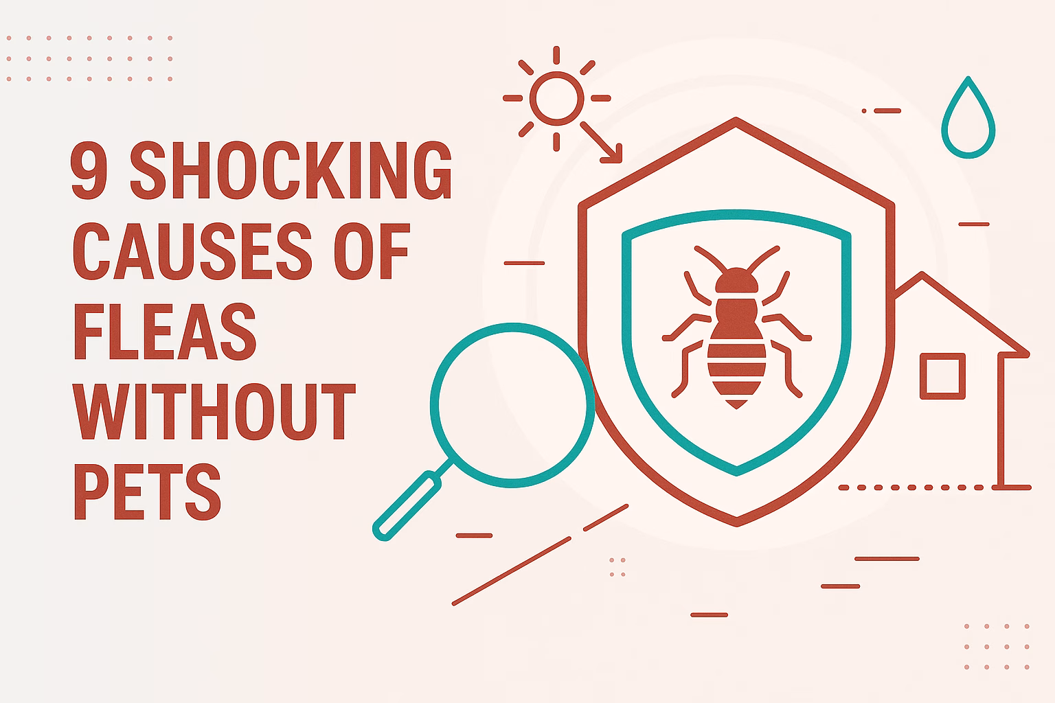 9 shocking causes of fleas without pets; includes a magnifying glass and a shield with a flea icon.