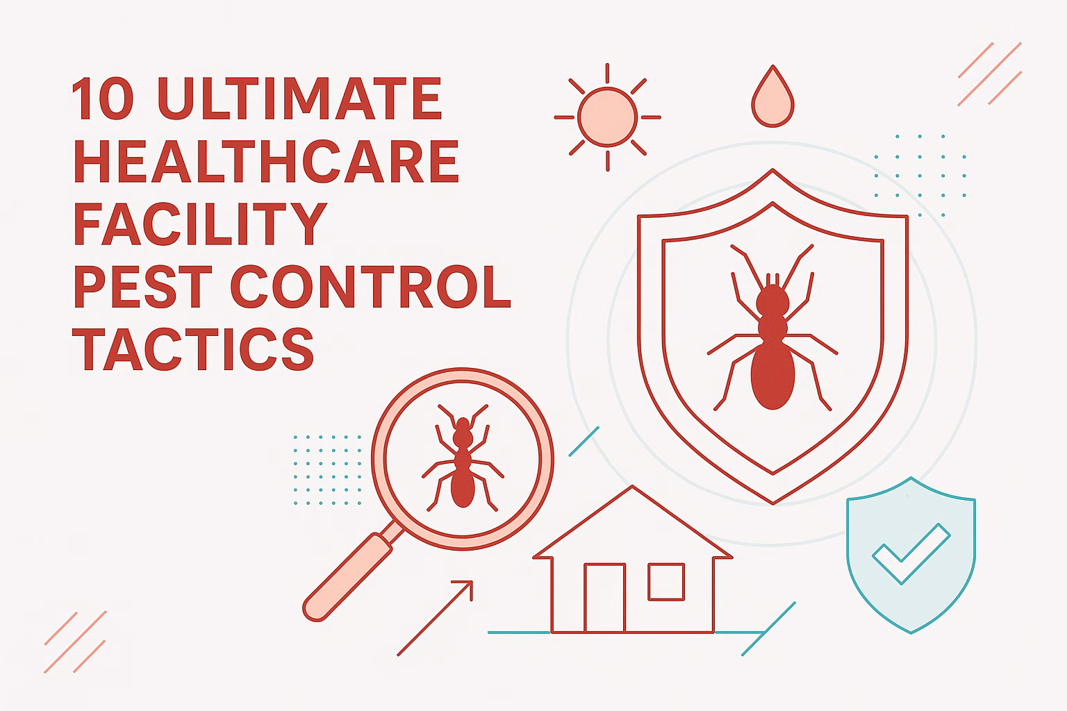 10 ultimate healthcare facility pest control tactics with icons of ants, a magnifying glass, a house, and protective symbols.