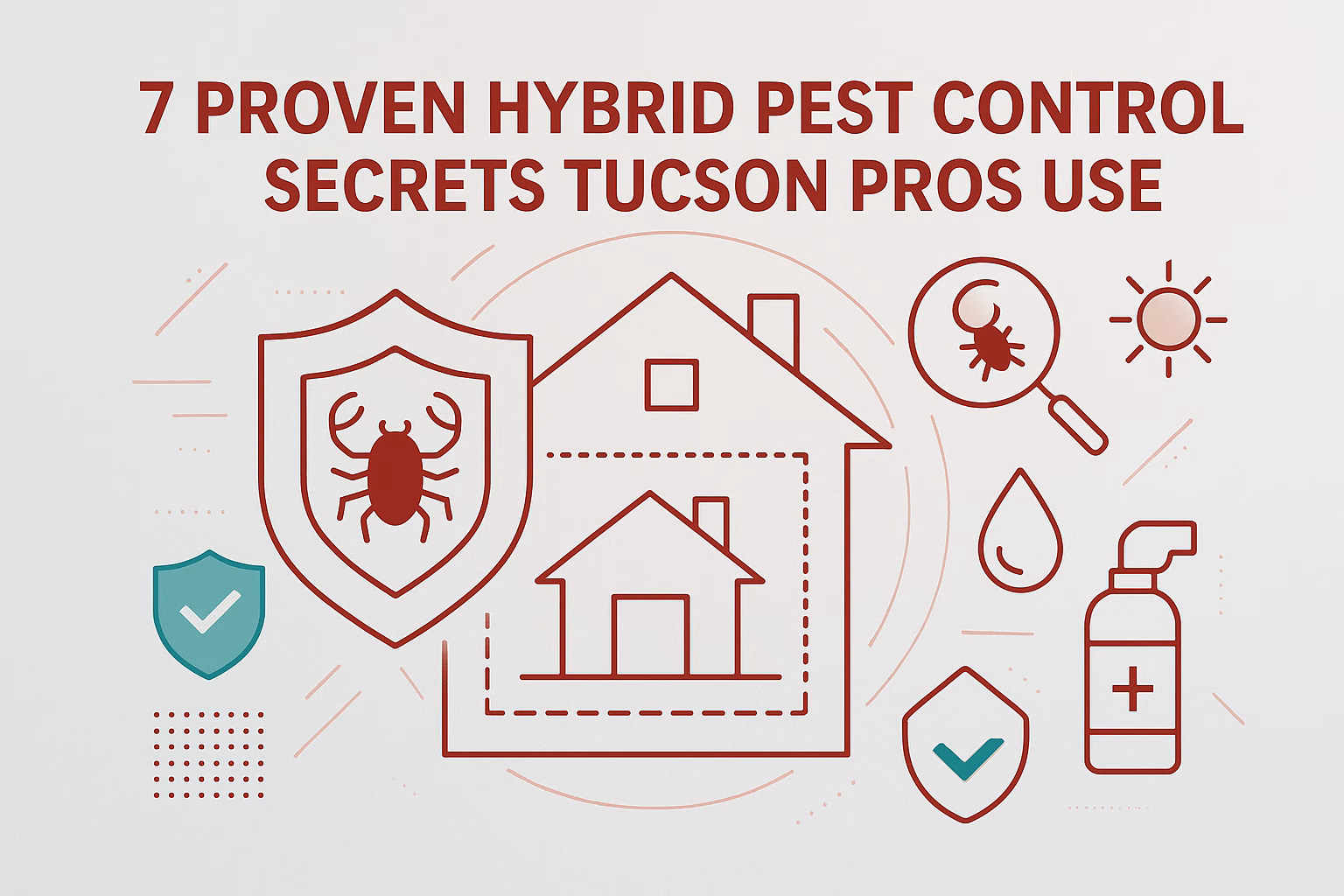 7 proven hybrid pest control secrets from Tucson pros, featuring icons of a house, shield, magnifying glass, and pest spray.