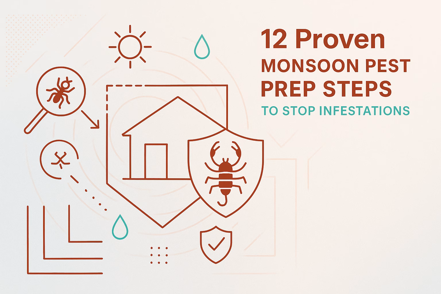 12 proven monsoon pest prep steps outlined beside icons of a house, insects, and tools to prevent infestations.