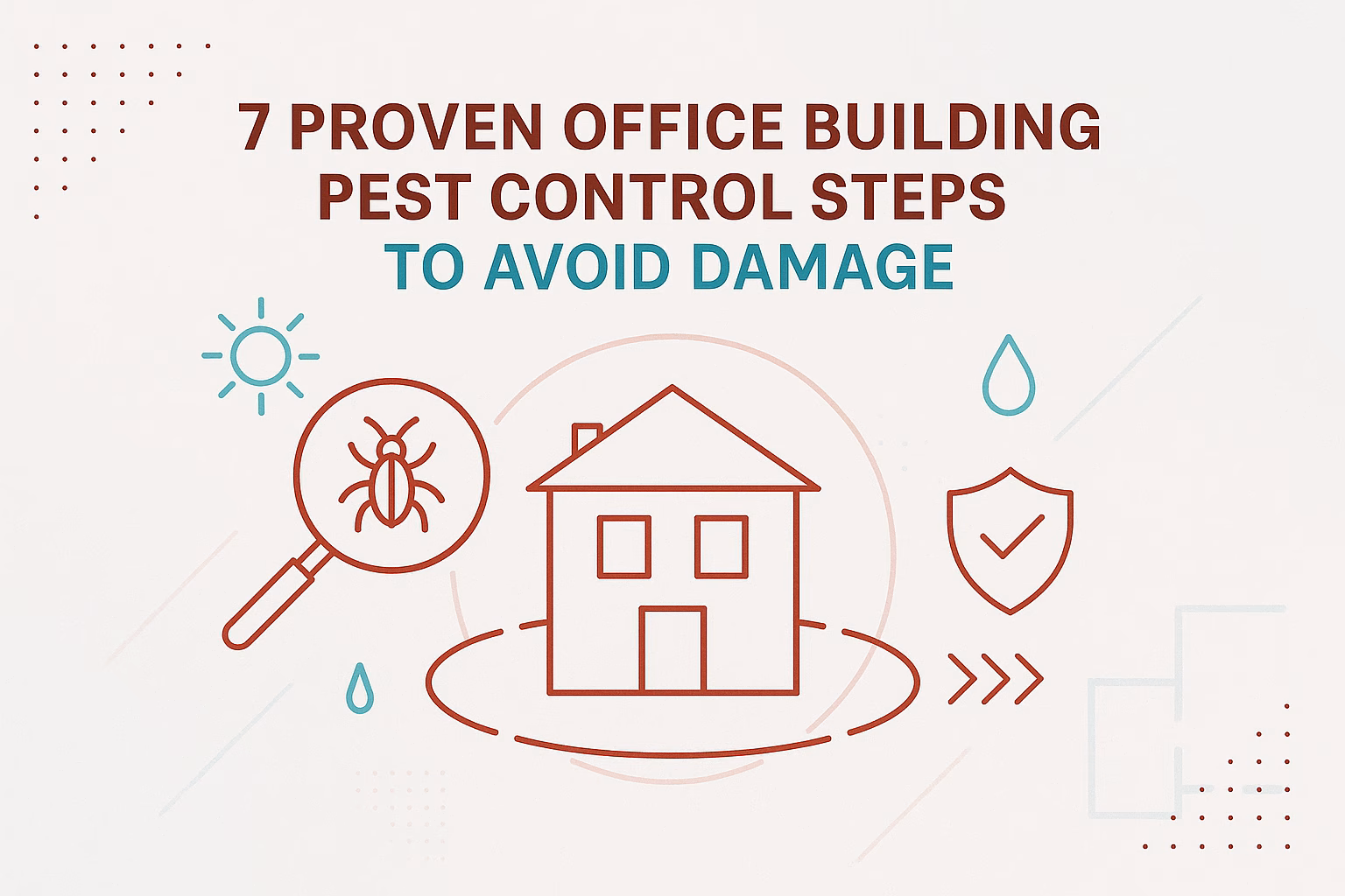7 proven office building pest control steps to avoid damage, featuring a house, magnifying glass, shield, and water drop icons.