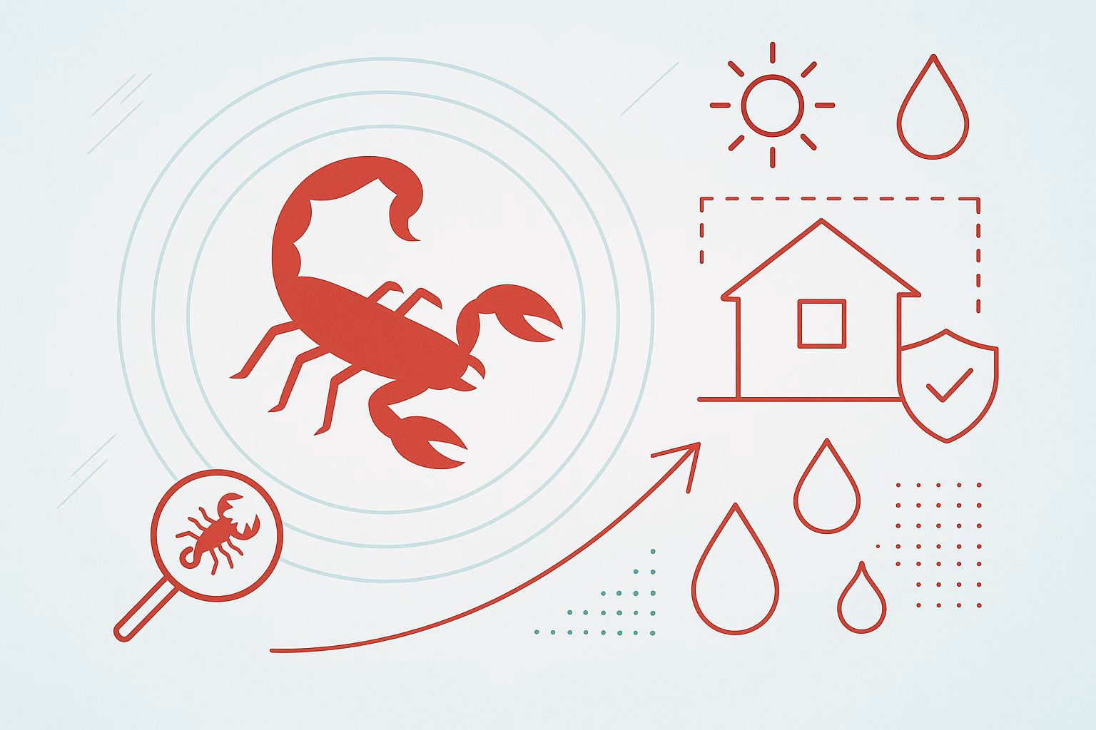 Red scorpion at center with icons representing sun, water drops, house, and a magnifying glass, related to university of arizona scorpions.