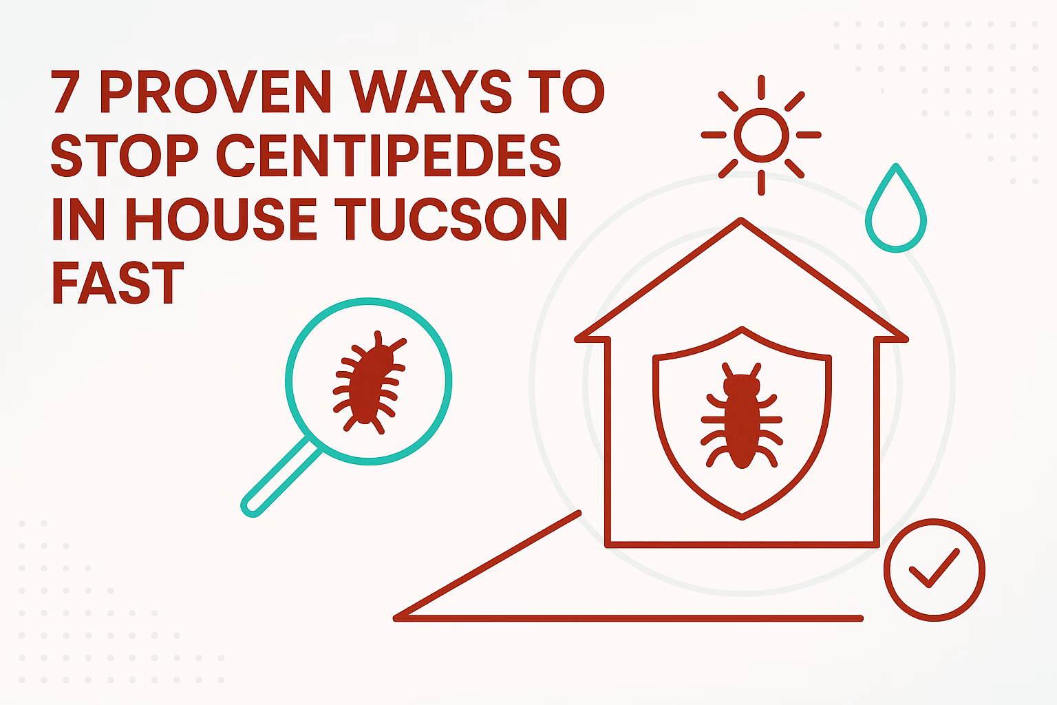 7 proven ways to stop centipedes in house Tucson fast, featuring a house icon with a centipede and a magnifying glass.