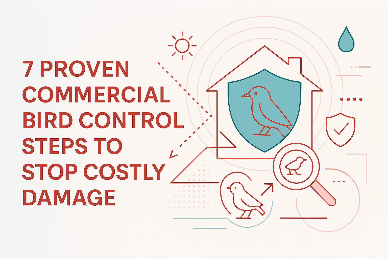 7 proven commercial bird control steps to prevent costly damage, featuring a bird icon and protective shield graphics.