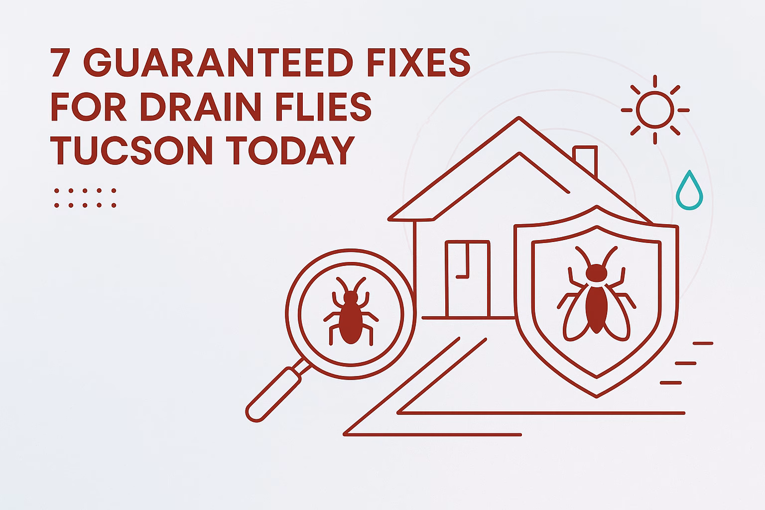 7 guaranteed fixes for drain flies Tucson, featuring a magnifying glass, house, and protective shield icons.