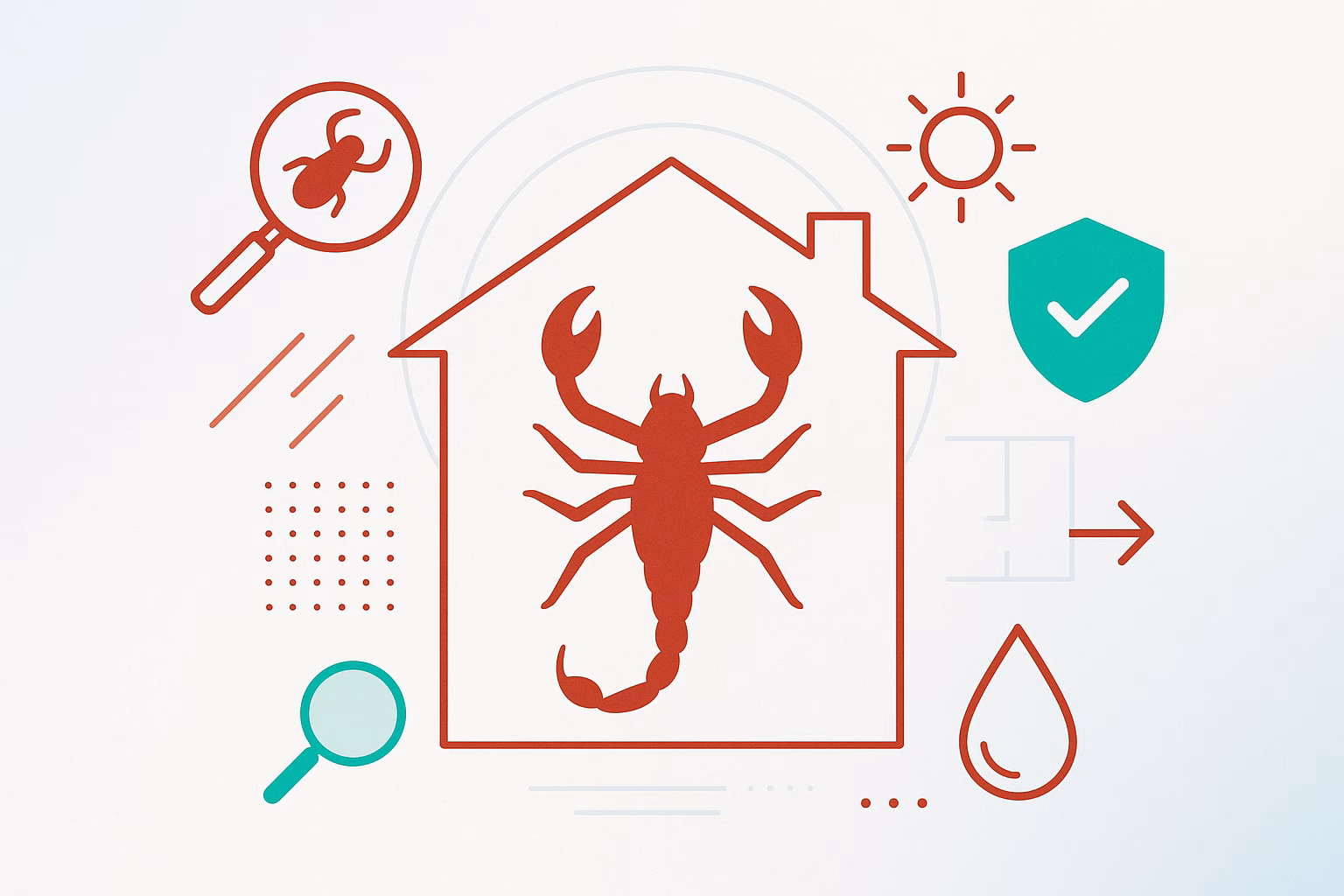 Landscaping attracts pests Tucson; graphic shows a scorpion inside a house with magnifying glasses and icons representing protection.