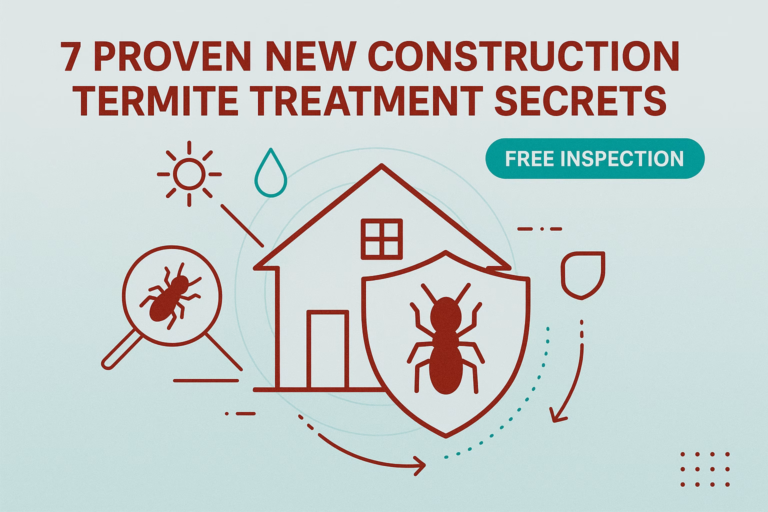 7 proven new construction termite treatment secrets with a house, shield, and magnifying glass icons; free inspection text included.