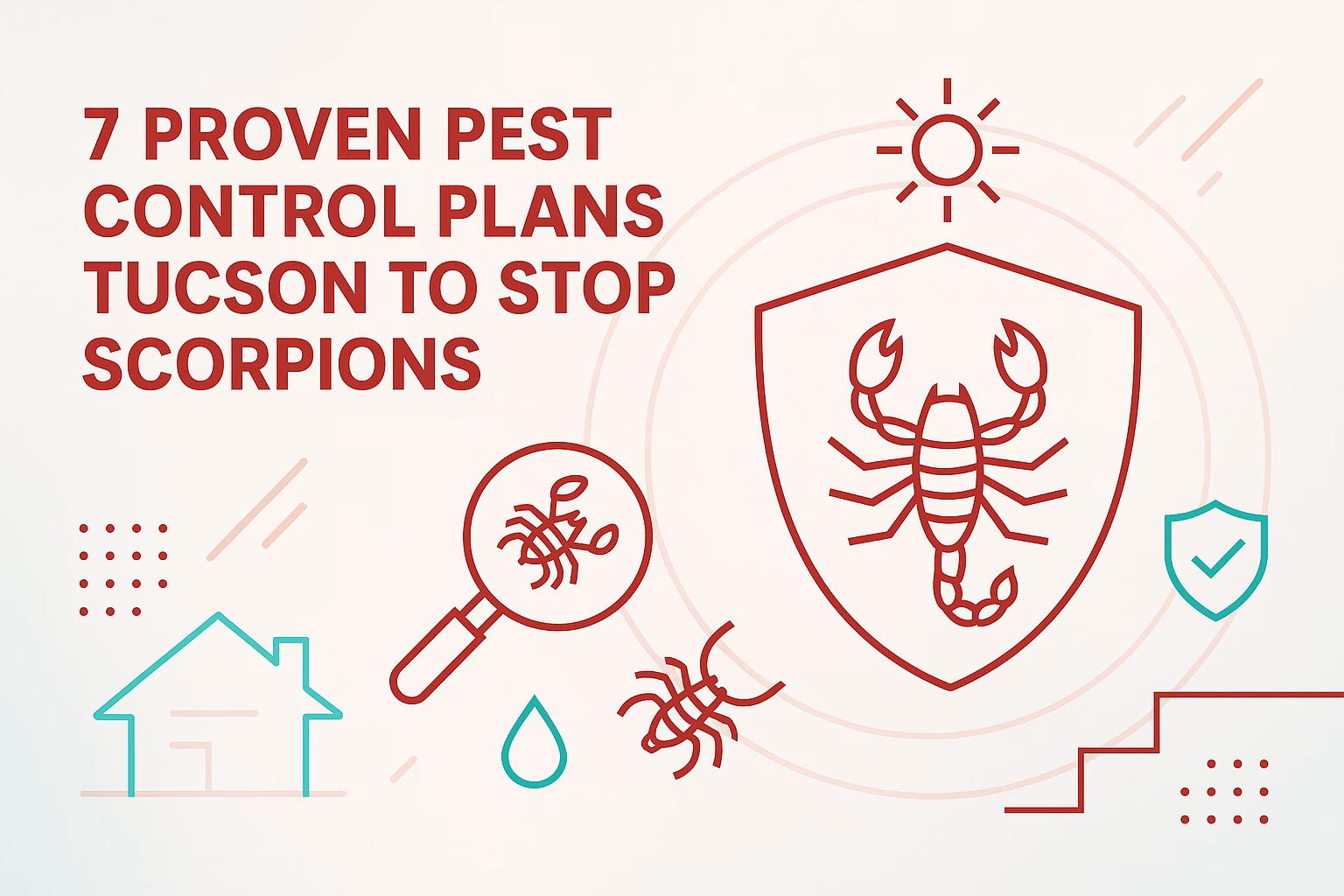 7 proven pest control plans Tucson to stop scorpions, illustrated with icons of a scorpion, magnifying glass, and shield.