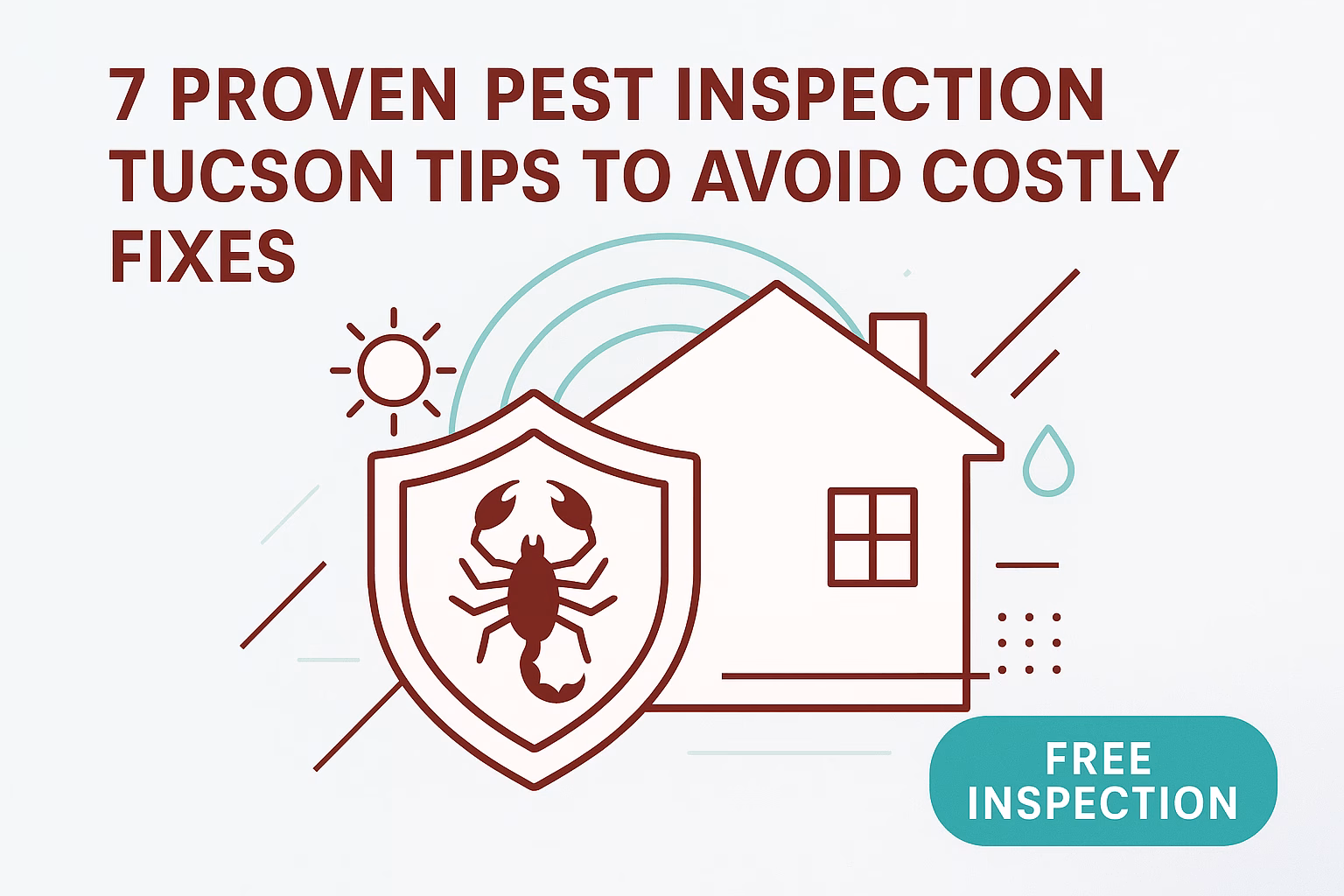 7 proven pest inspection Tucson tips with a house, shield, scorpion, and text promoting a free inspection.