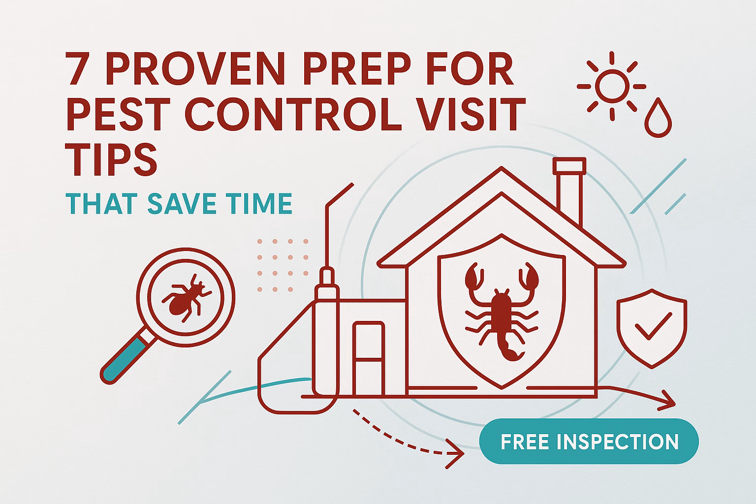 7 proven prep for pest control visit tips with a house, magnifying glass, and icons for free inspection and savings.