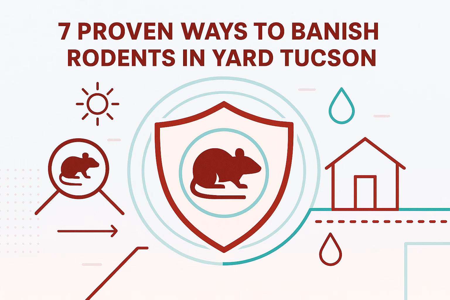 7 proven ways to banish rodents in yard Tucson, featuring icons of a sun, house, and rodents within a shield graphic.