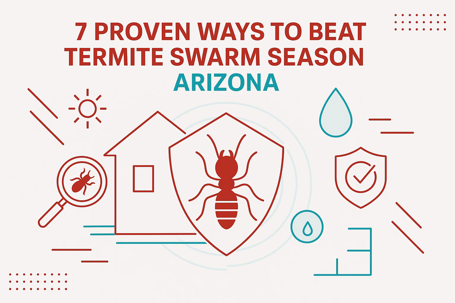 7 ways to beat termite swarm season Arizona with icons of a house, magnifying glass, termite, and shields.
