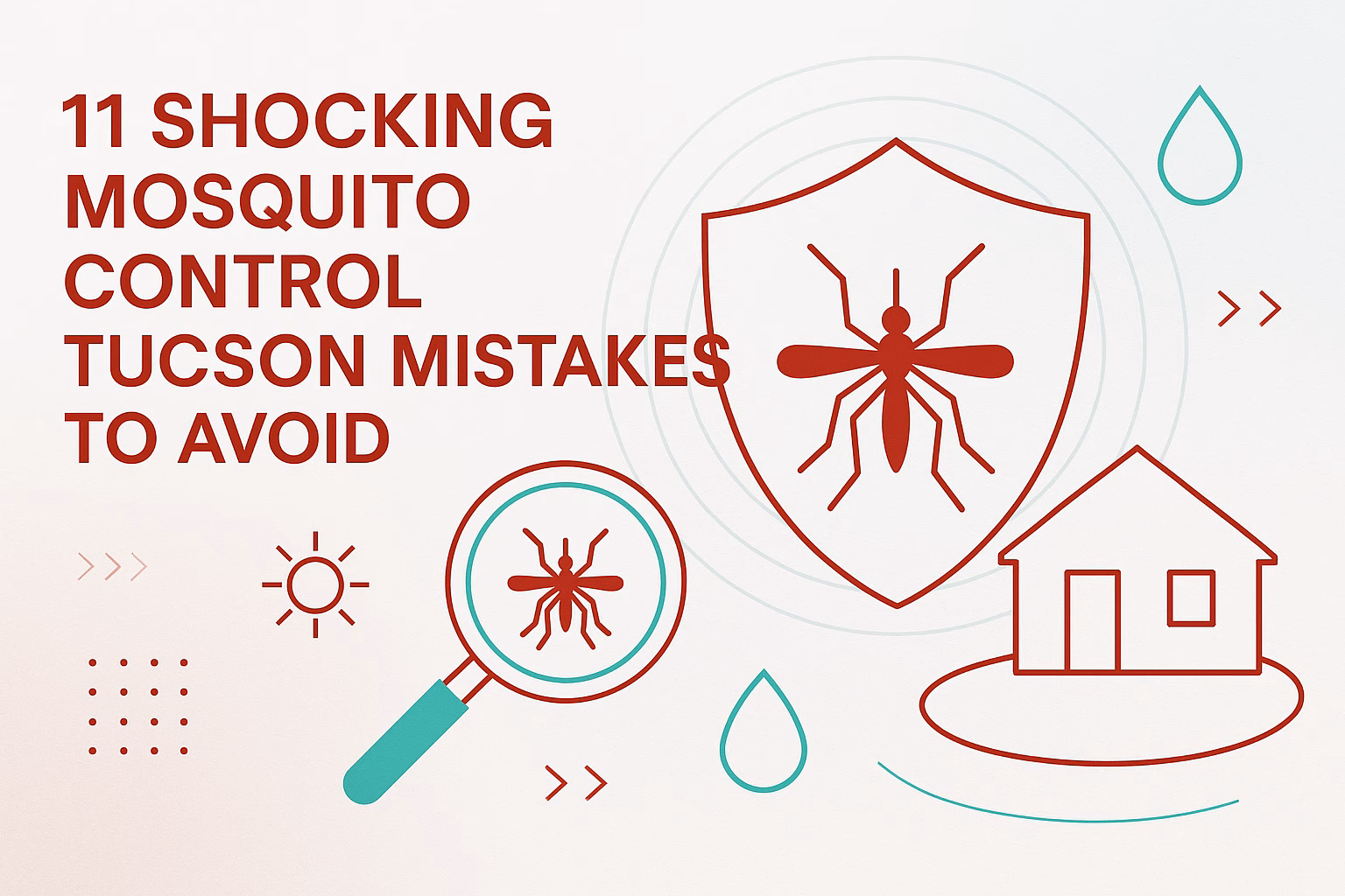 11 shocking mosquito control Tucson mistakes to avoid, featuring a shield, magnifying glass, and various icons.