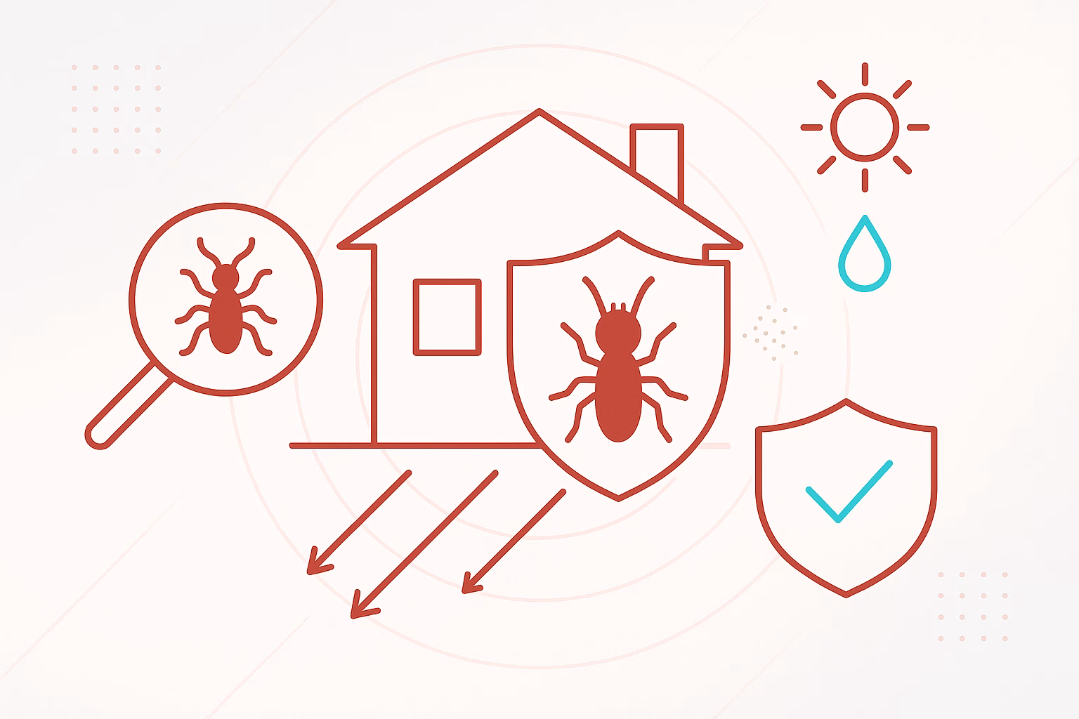 Termite identification Tucson illustrated with a magnifying glass, house, shields, sun, water droplet, and checkmark.