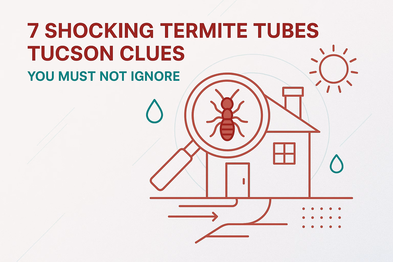 7 shocking termite tubes Tucson clues with a house illustration and a magnifying glass highlighting a termite.