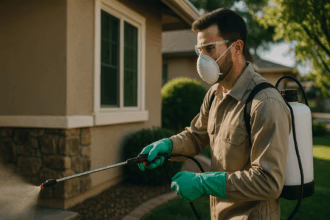 A man in protective gear sprays pesticide near a house, wearing gloves, a mask, and goggles.