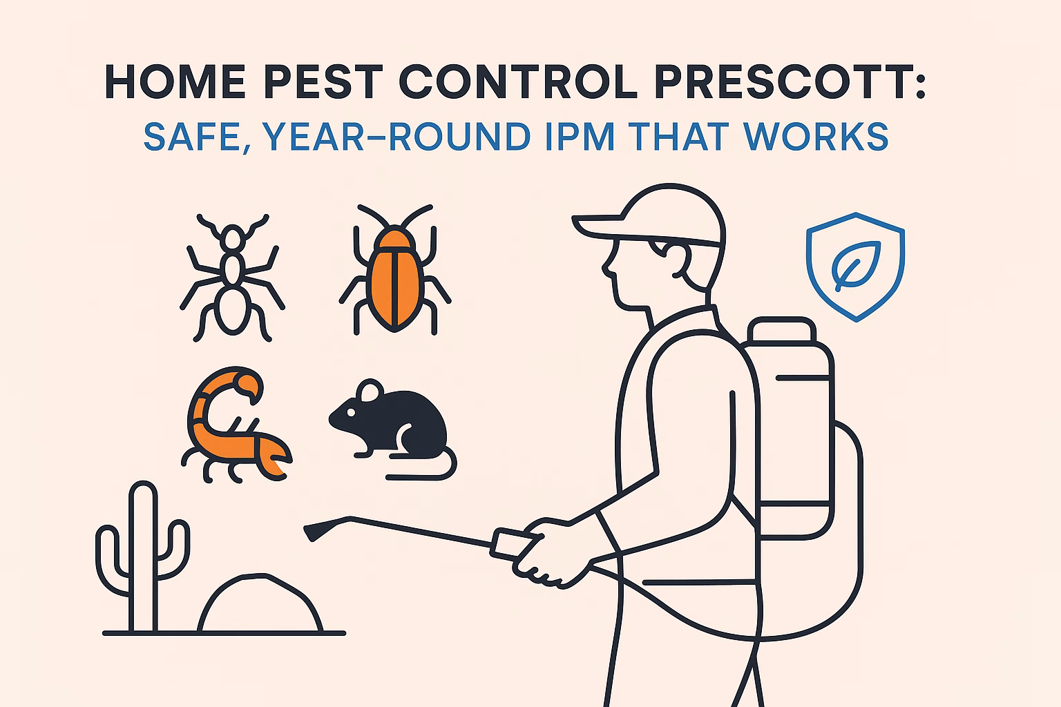 Home Pest Control Prescott, featuring a technician treating for ants, scorpions, mice, and a desert landscape.