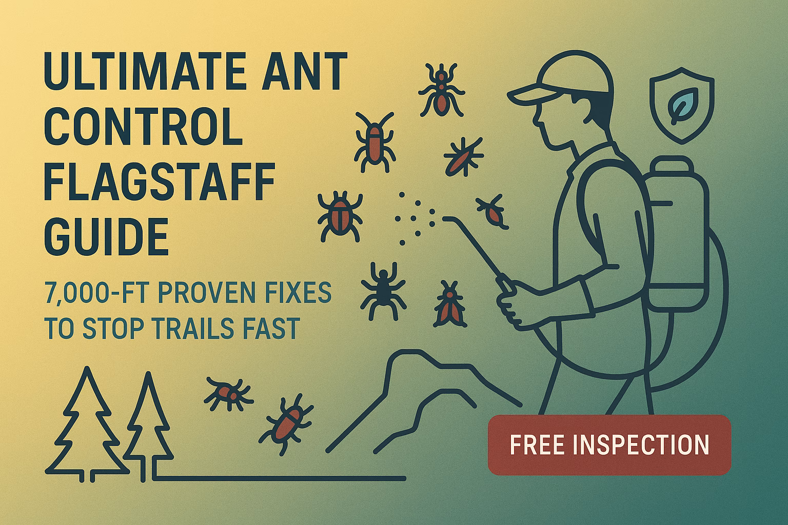 Ultimate ant control Flagstaff guide with service details, visualizing a pest controller and ants on a gradient background.