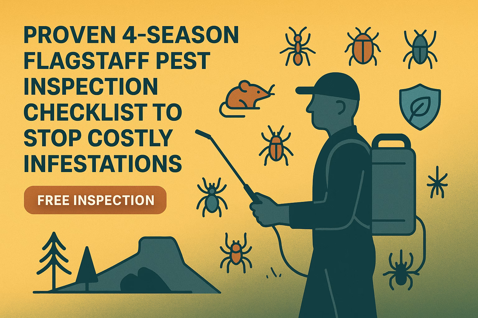 Proven 4-season flagstaff pest inspection checklist to prevent infestations, featuring pest illustrations and free inspection offer.