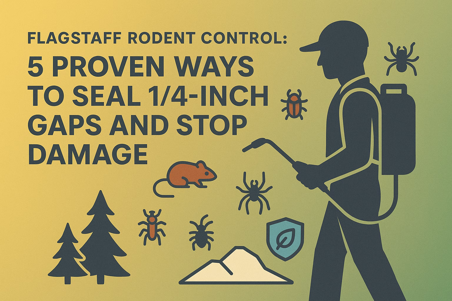 Flagstaff rodent control tips, highlighting ways to seal gaps and prevent damage, with images of pests and a pesticide sprayer.