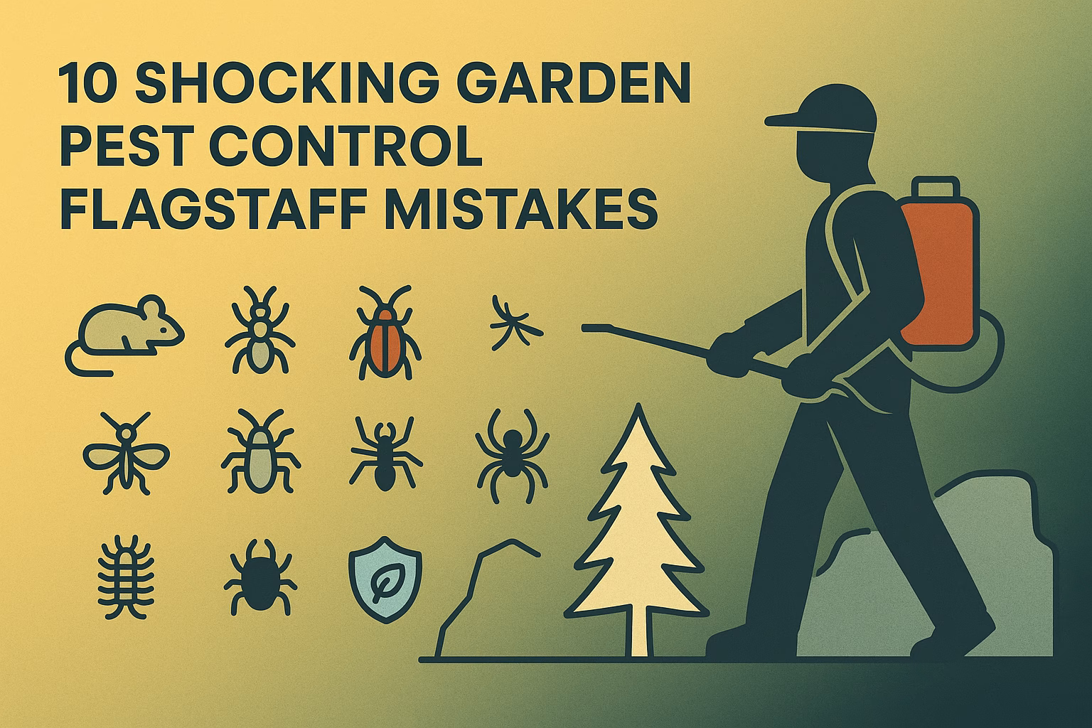 10 shocking garden pest control Flagstaff mistakes illustrated with pest icons and a person spraying pesticide.