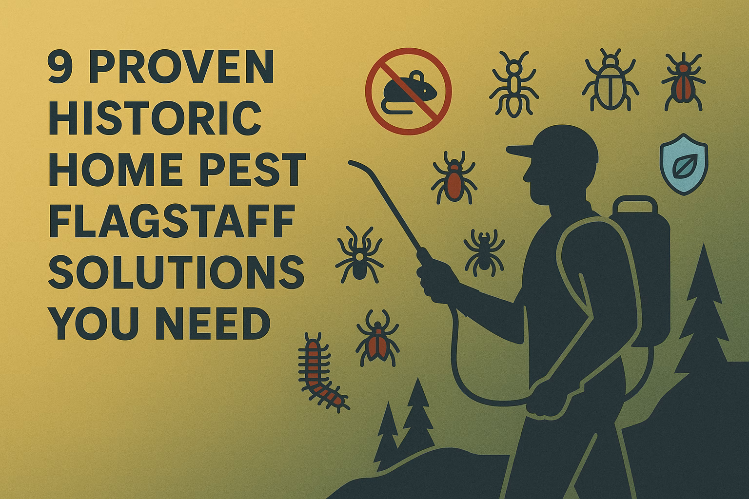 9 Proven historic home pest Flagstaff solutions with a pesticide sprayer and pest illustrations on a yellow background.
