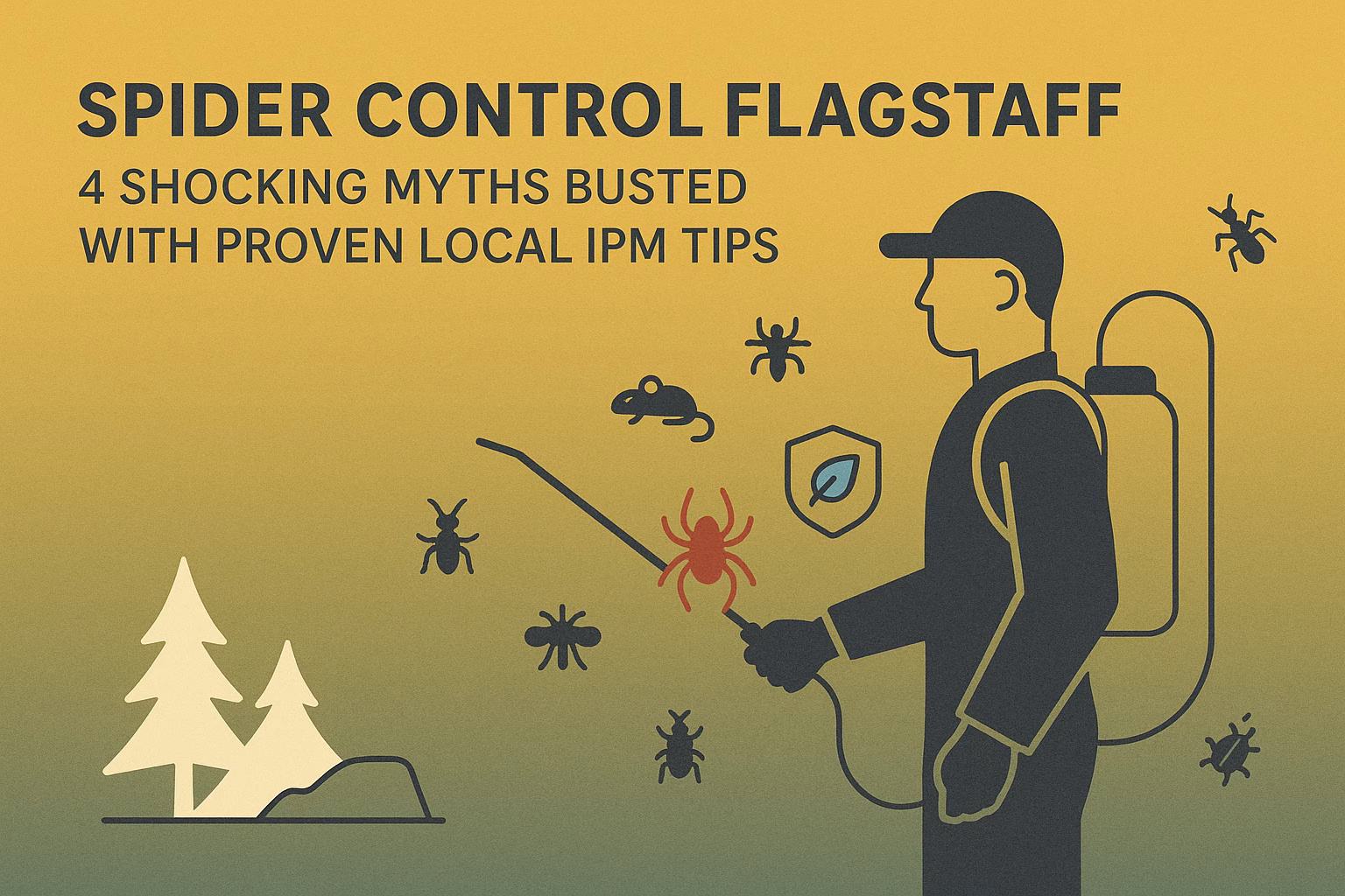Spider control Flagstaff highlights four myths with tips from a person holding a spray tool, surrounded by various insects.