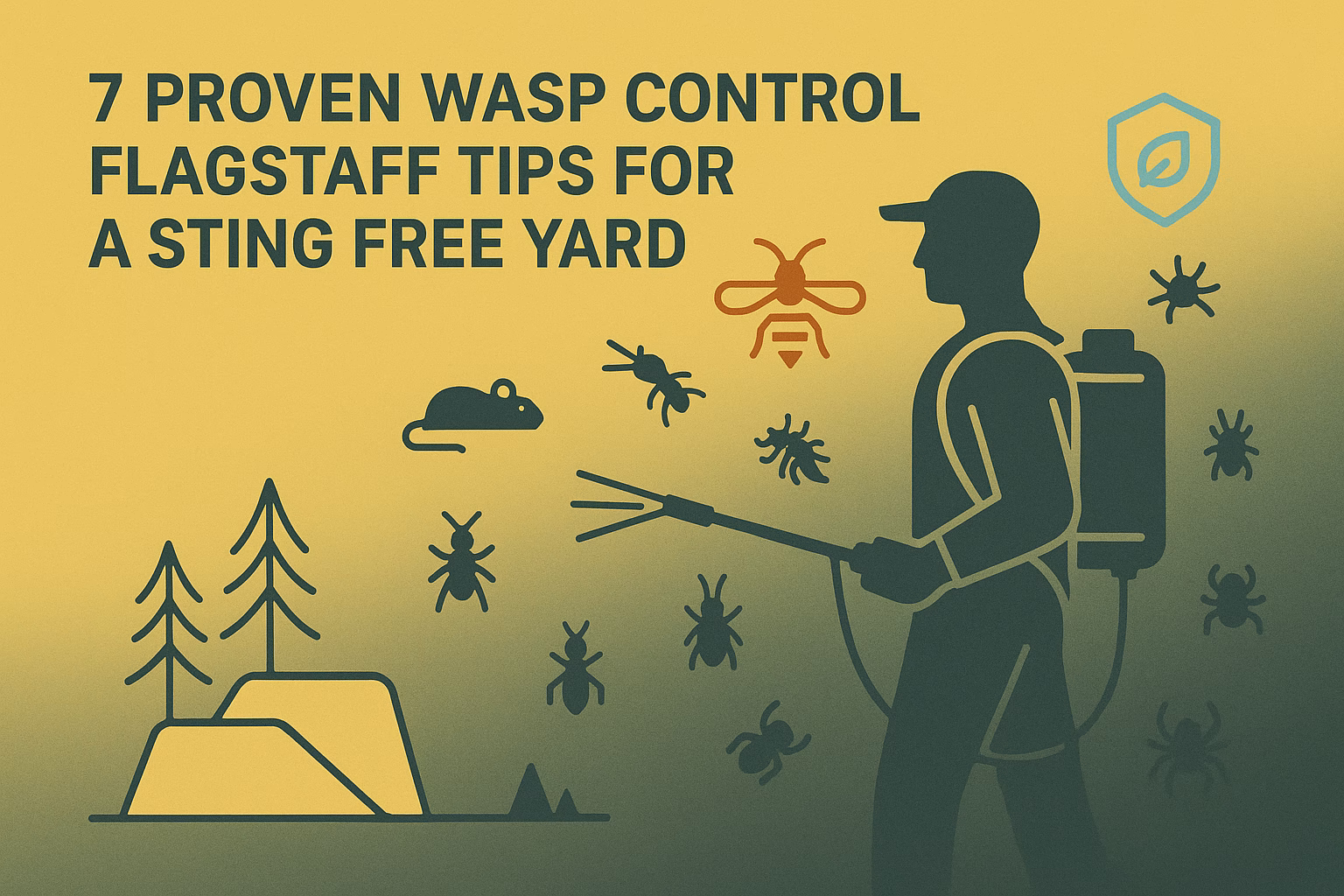 7 Proven wasp control Flagstaff tips, featuring a pest control worker surrounded by icons of pests and nature.